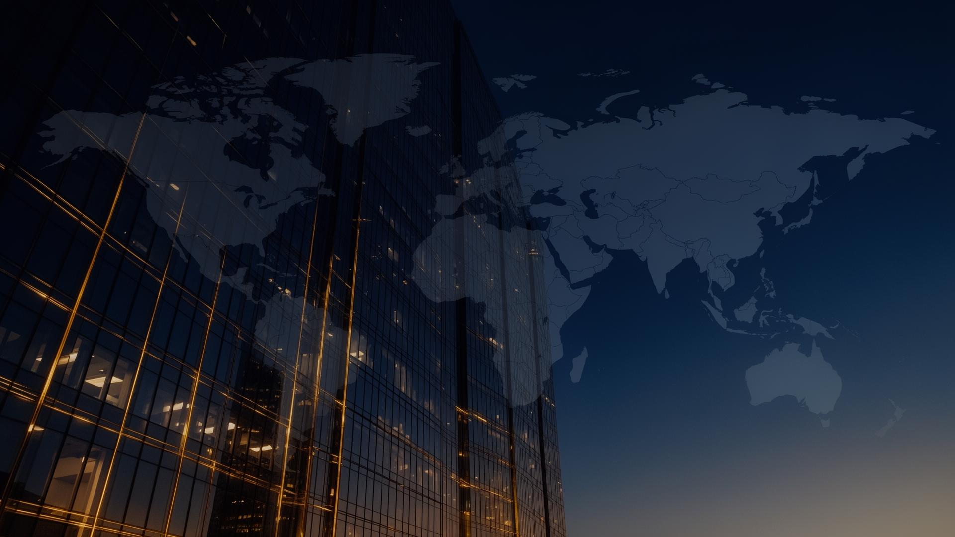 Global business skyline at dusk representing worldwide contract opportunities